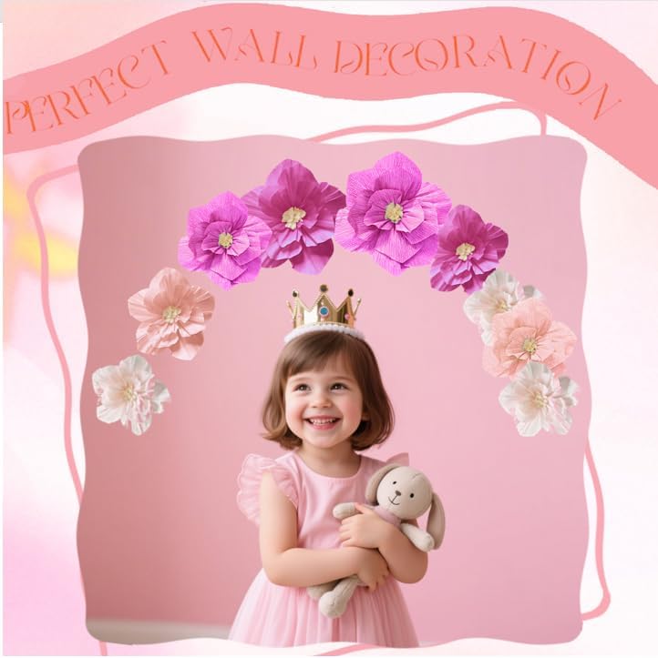 Linnoptimix Pink Birthday Party Decorations Paper Flowers Artificial Crepe Tissue Hot Light Pink White Wall Décor Wedding Birthday Bridal Baby Shower Classroom Nursery Room Backdrop Centerpieces (Pink (9 PCS)) - Image 3